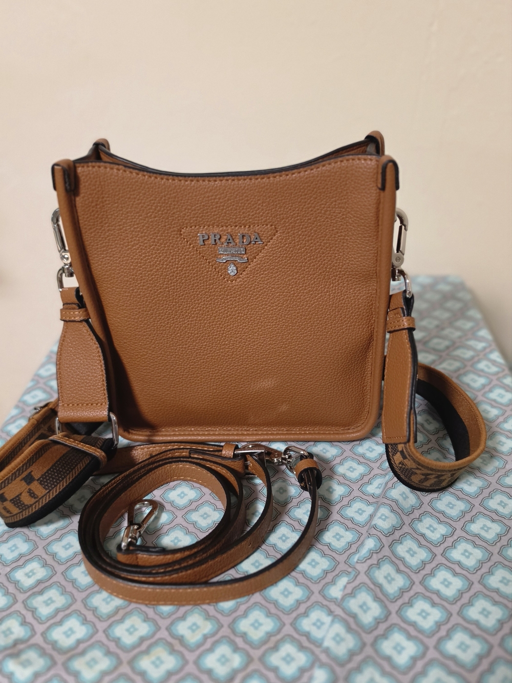 Prada Vitello Daino Soft Mini Hobo Messenger Bag in Carmel Calfskin Leather